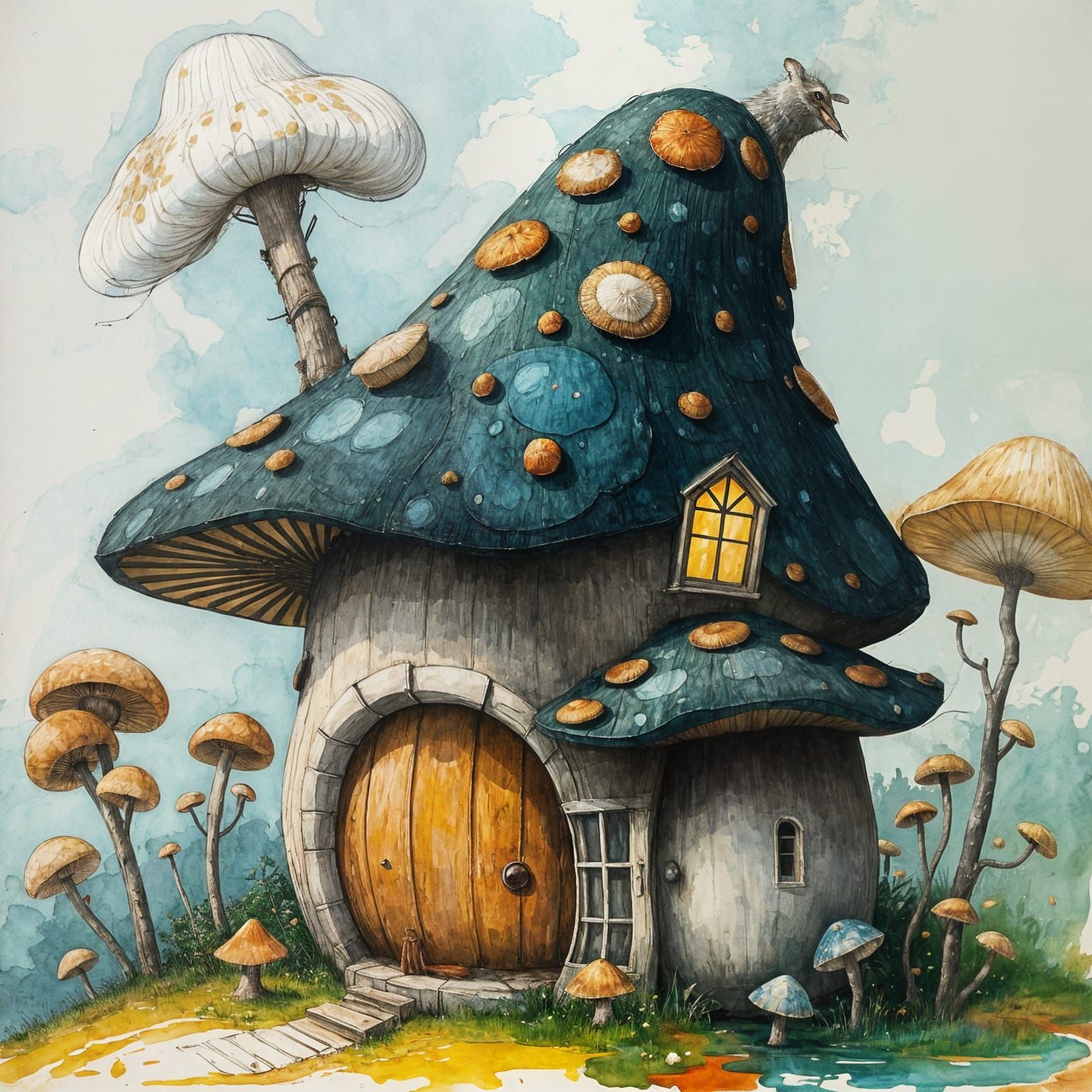 Cozy Mushroom-Shaped Home in Vibrant Gouache Style