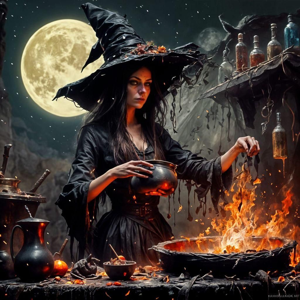 Macabre Witch Brewing Potion as Impasto Painting