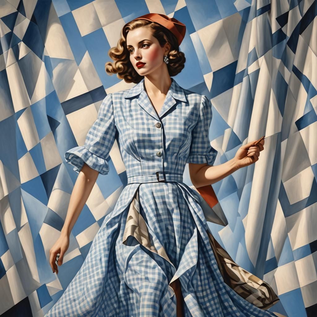 Woman in Gingham Dress in Art Deco Style