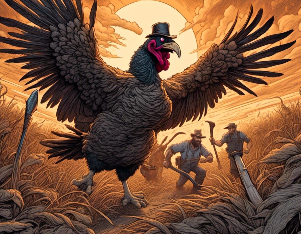 Axe-Wielding Turkey Chases Farmer in Comic Book Art