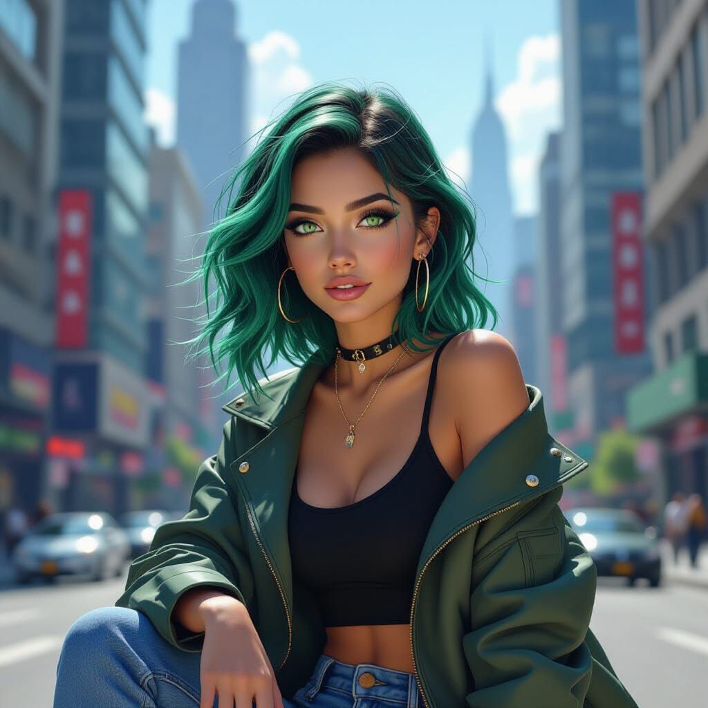 Green-haired Woman in Futuristic Urban Cityscape