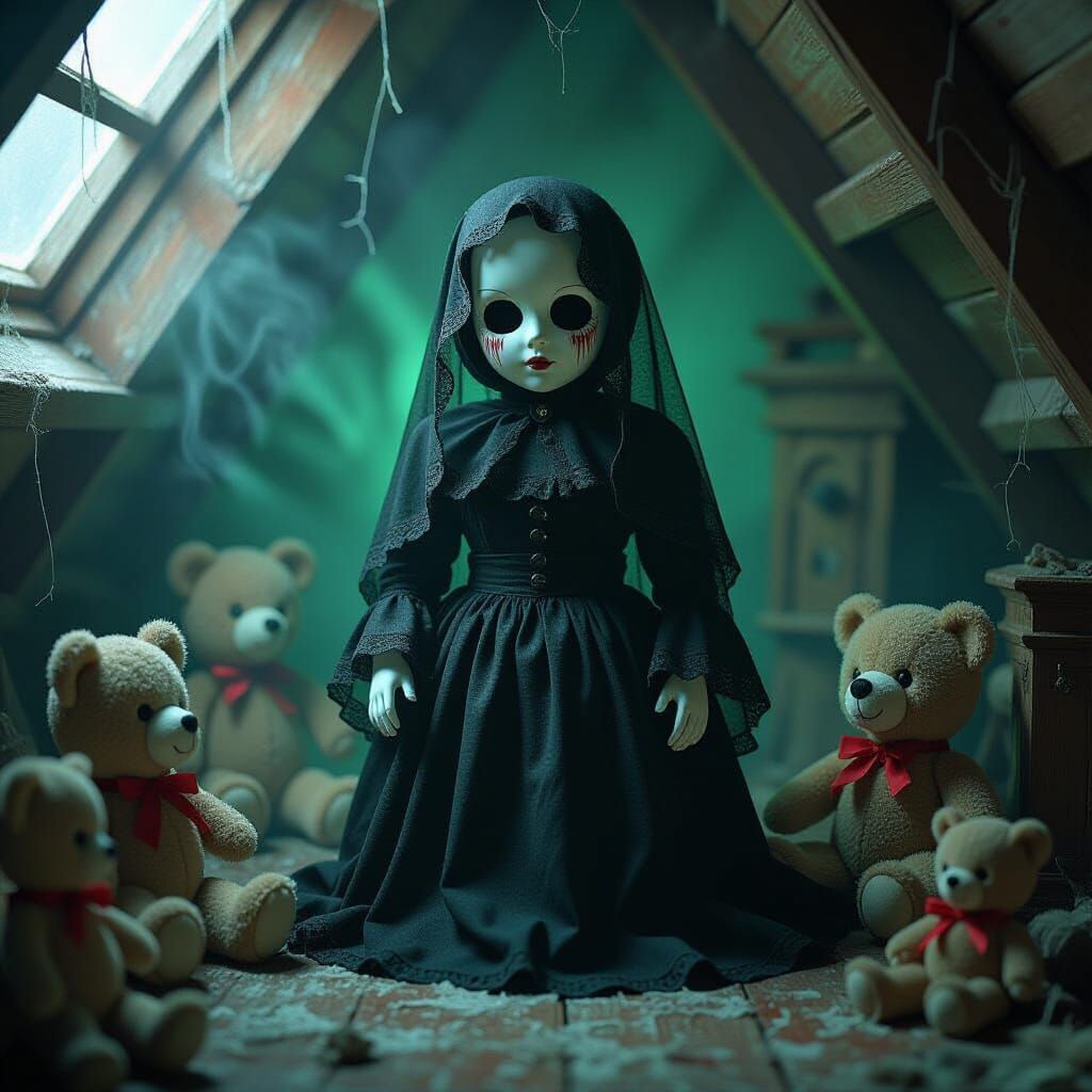Spectral Figure Emerges from Cracked Doll in Gothic Horror S...