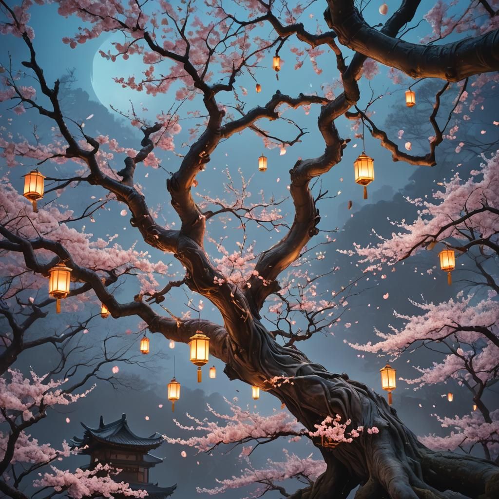 Moonlit Cherry Blossoms in Japanese Garden