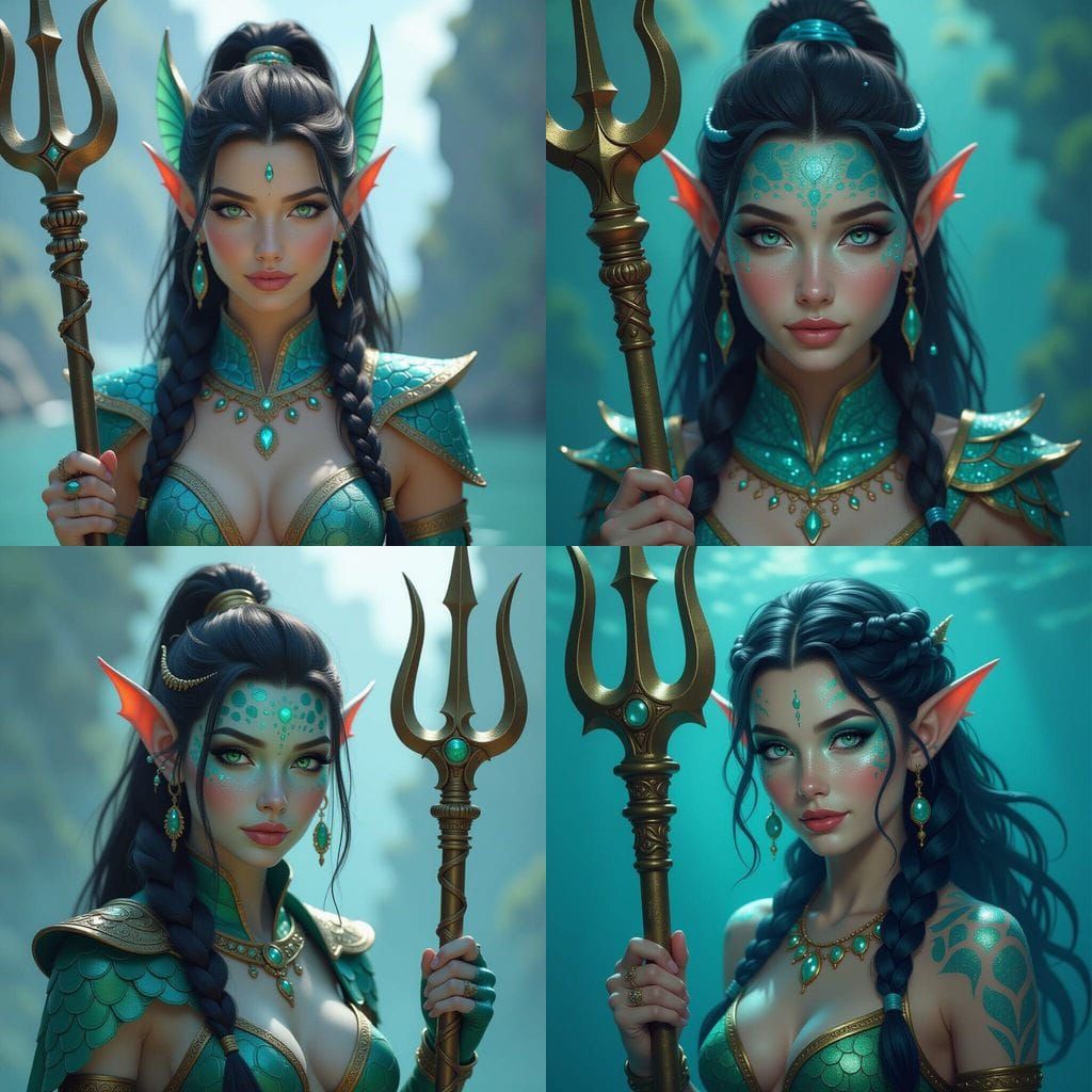 Female Triton Monk with Bronze Trident, Fantasy Art
