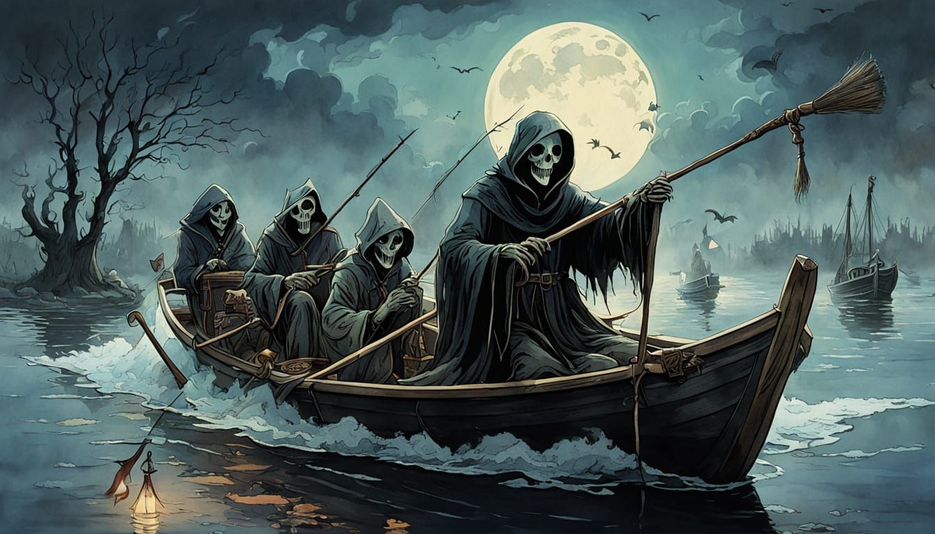 Comical Grim Reaper Ferrying Souls in Watercolor Style