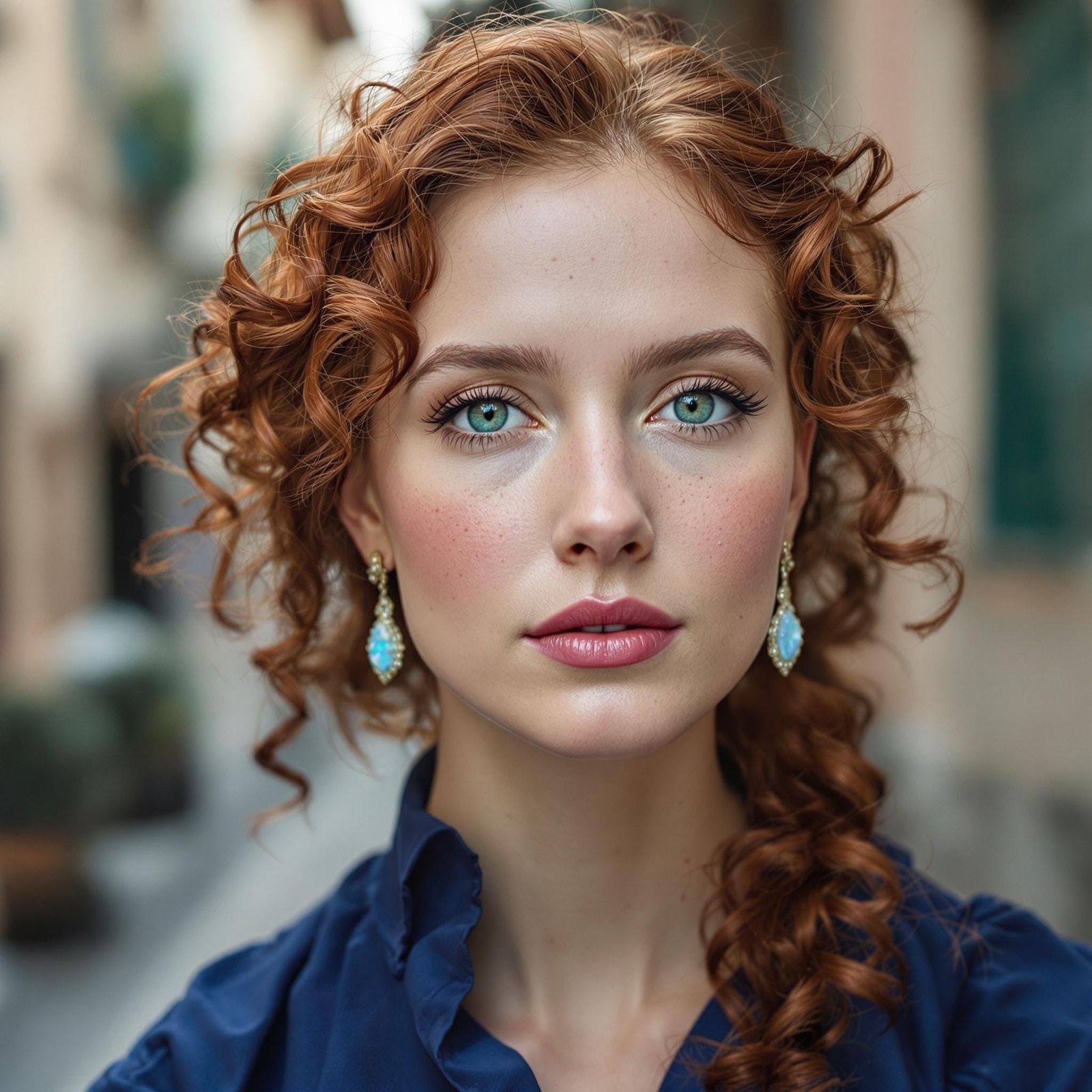 Elegant Woman in Midnight Blue Blouse with Emerald Eyes