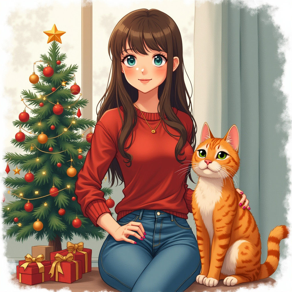 Girl with Cat and Christmas Tree in Anime Style