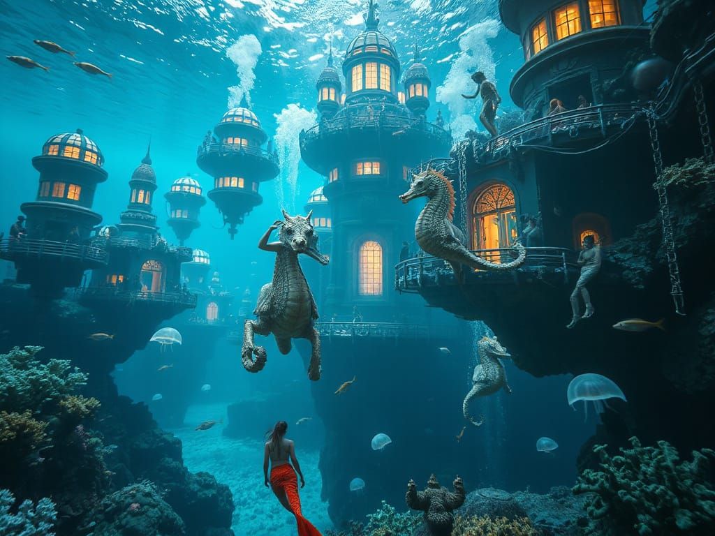 Underwater Metropolis with Mermaid-like Humans in 4K