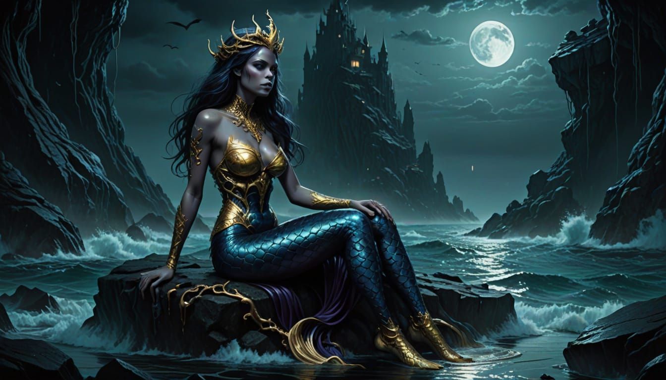 Dark Fantasy Mermaid with Latex Scales on a Rocky Outcroppin...