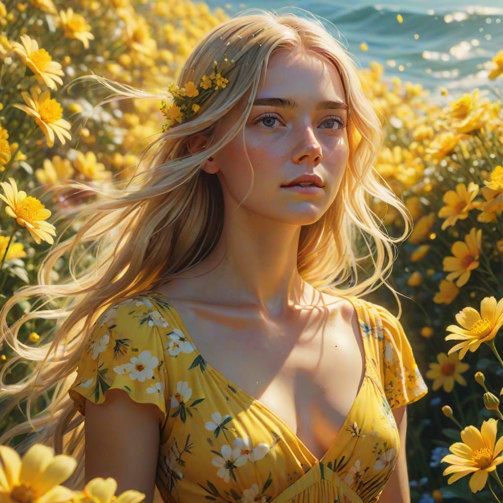 Woman in Floral Dress: Hyperrealistic Summer Portrait