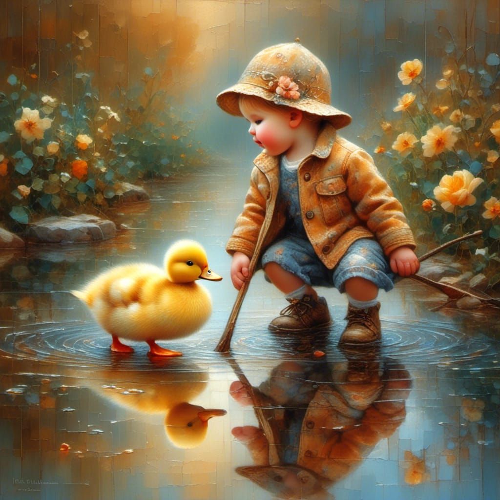 Toddlers and Ducks Splashing: Vintage Children Illustration
