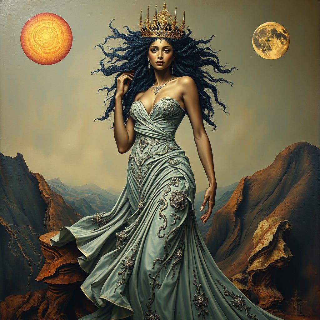 Surrealist Goddess of Polished Platinum in Dreamlike Landsca...