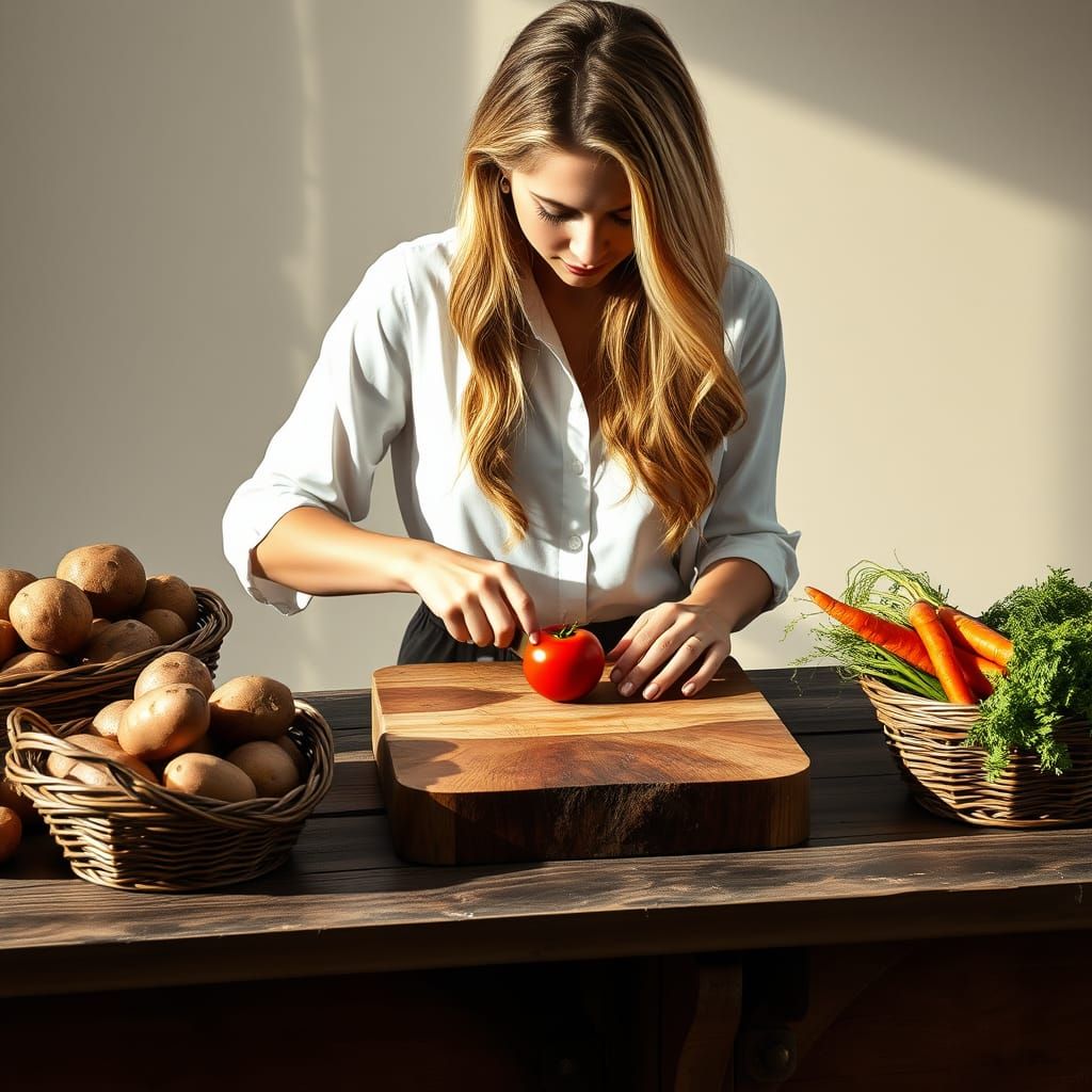 Woman Slices Fresh Produce in Cozy Kitchen Setting
