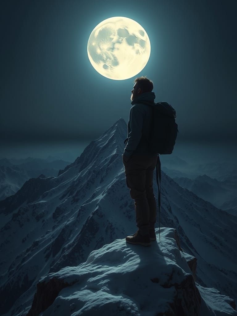 Snowy Peak Hiker Under Moonlight
