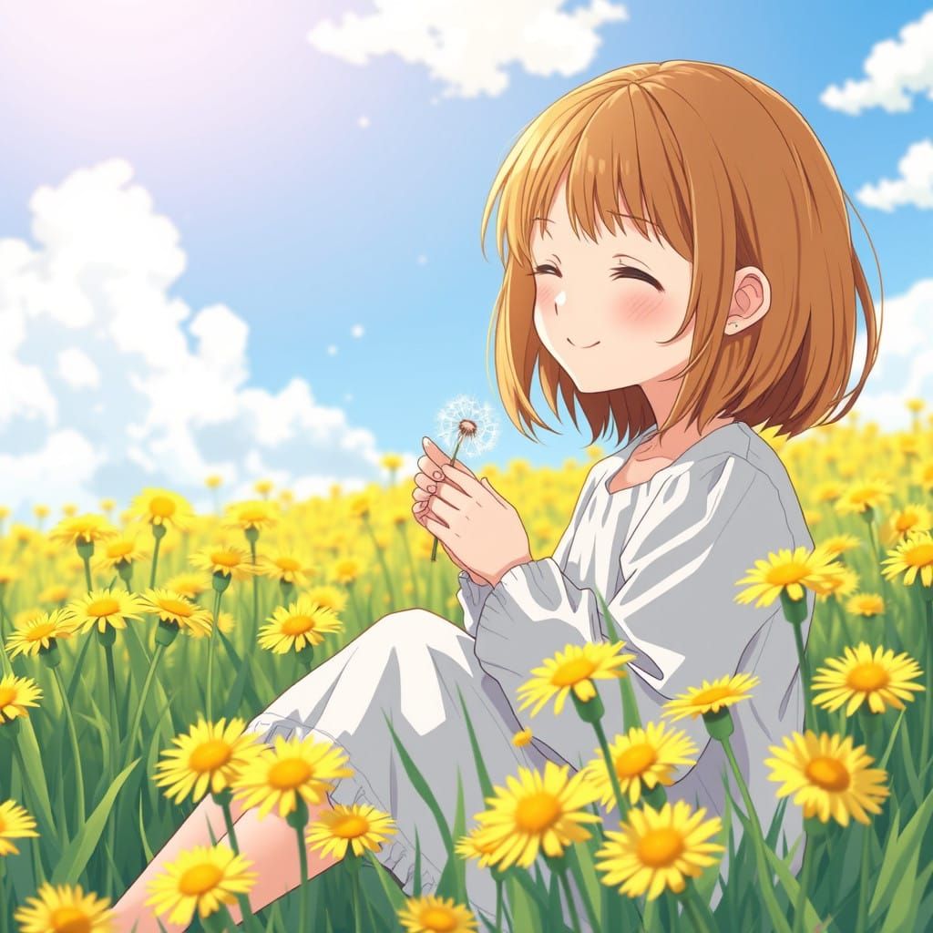 Serenely Sitting Girl Among Dandelions in Anime-Inspired Art
