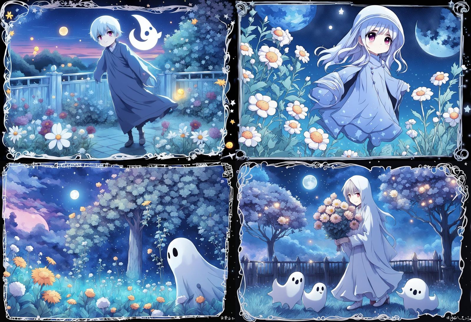 Cute Baby Ghost in Anime Style Night Garden
