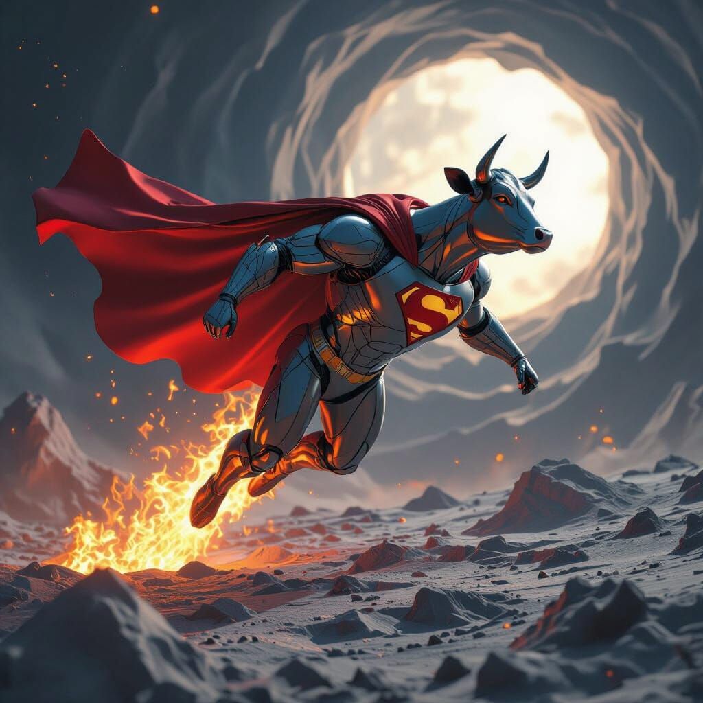 Hyperrealistic Superman Cow Sets Moon Ablaze