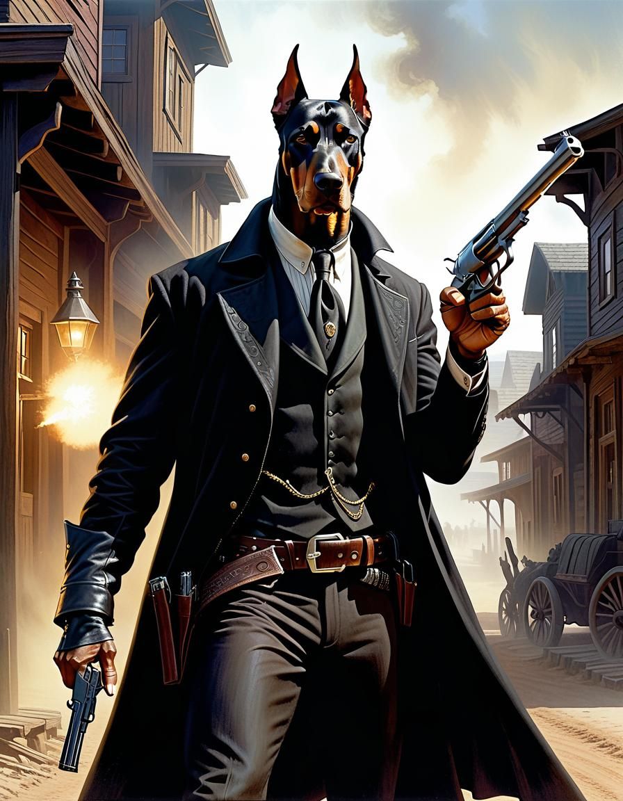 Dreadful Doberman Gunslinger in Western Setting
