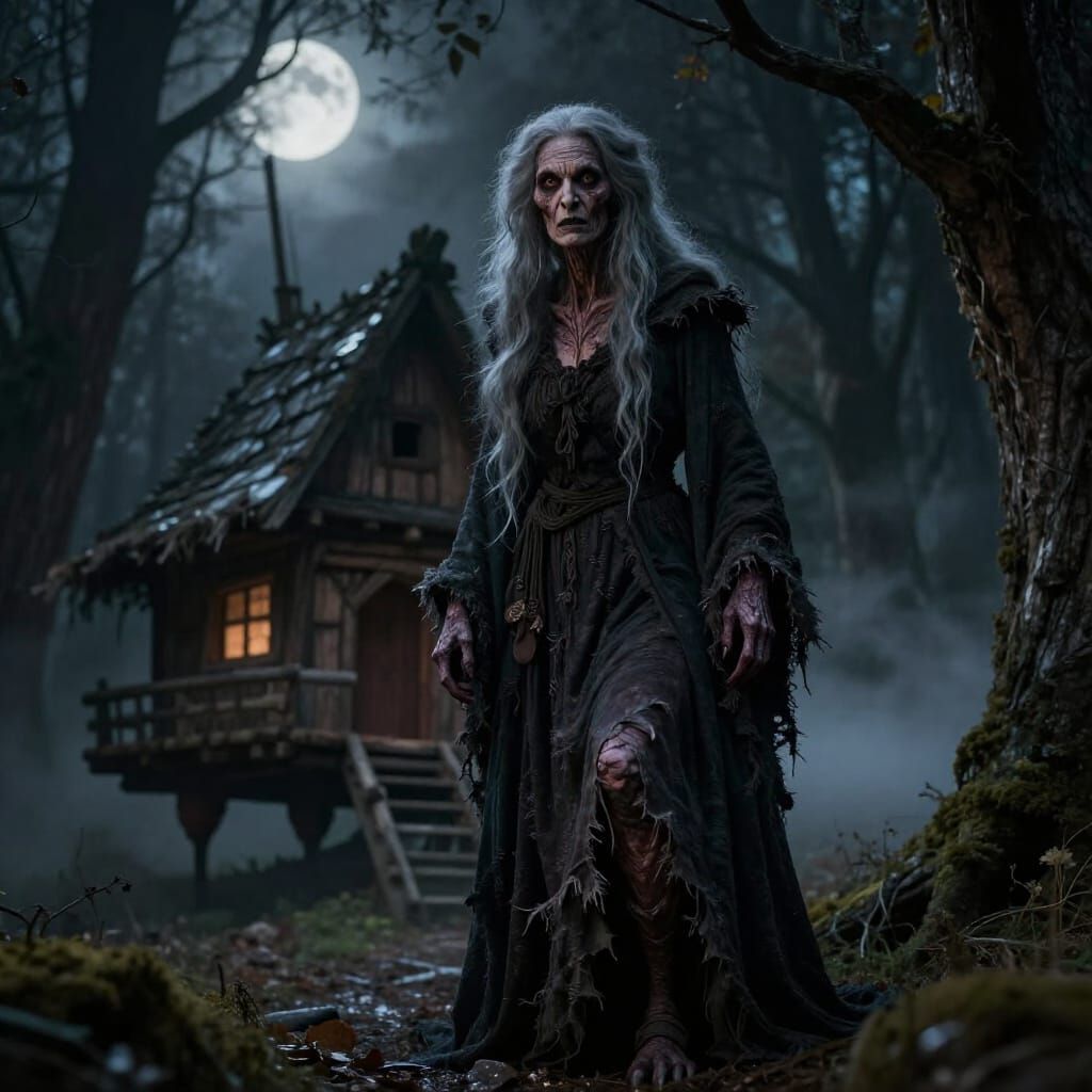 Hyperrealistic Baba Yaga in Moonlit Forest