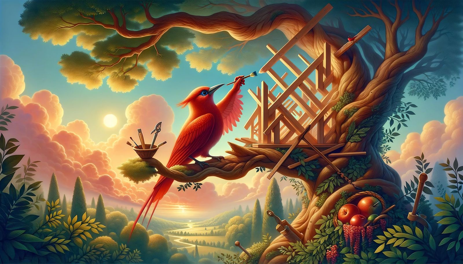 Whimsical Red Bird Crafts Tree Structure