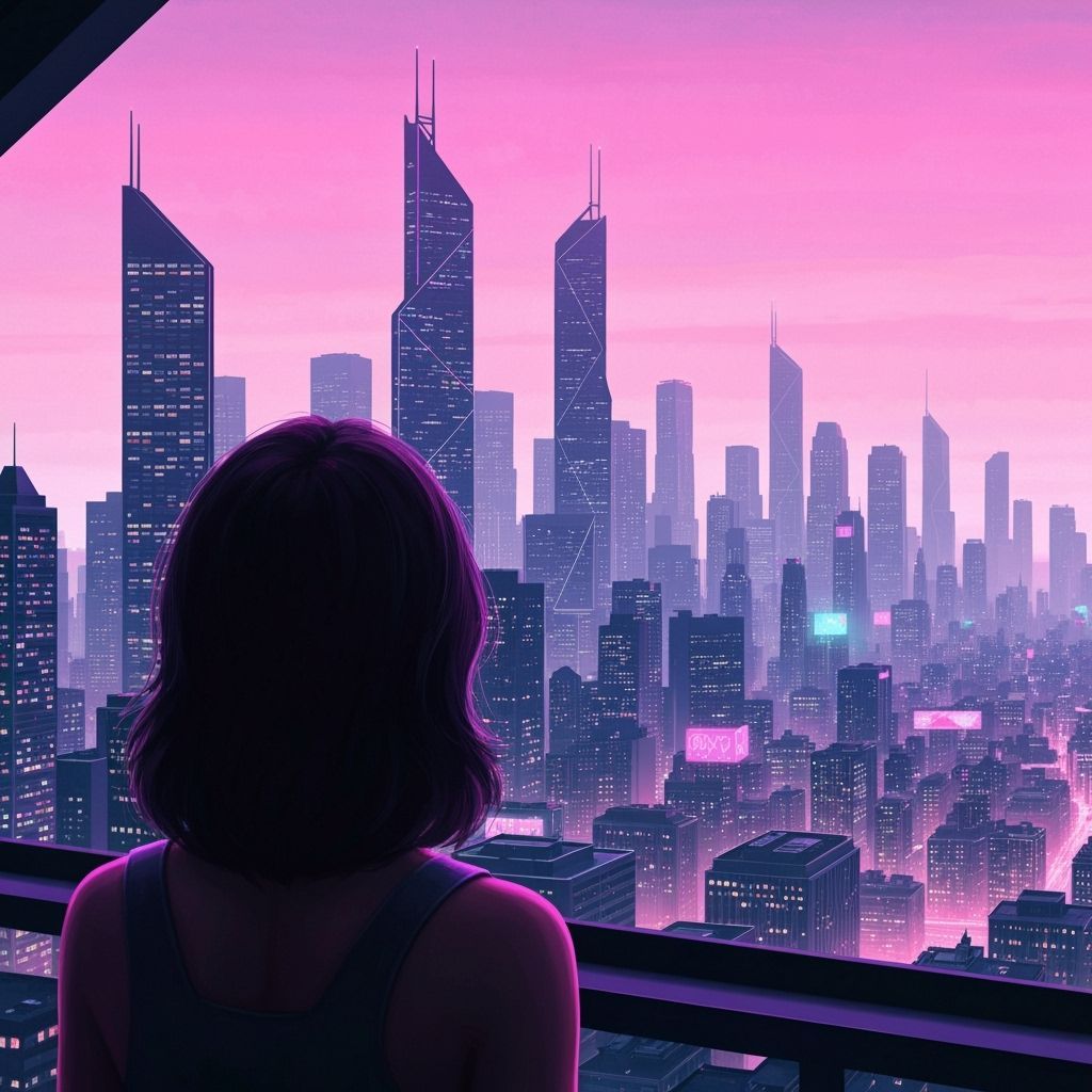 Serene Woman Gazing at a Retrofuturistic Cityscape