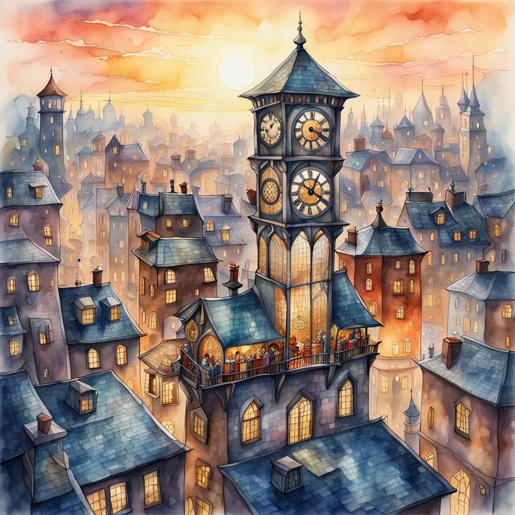 Whimsical Watercolor Watchmaker's Tower at Dawn