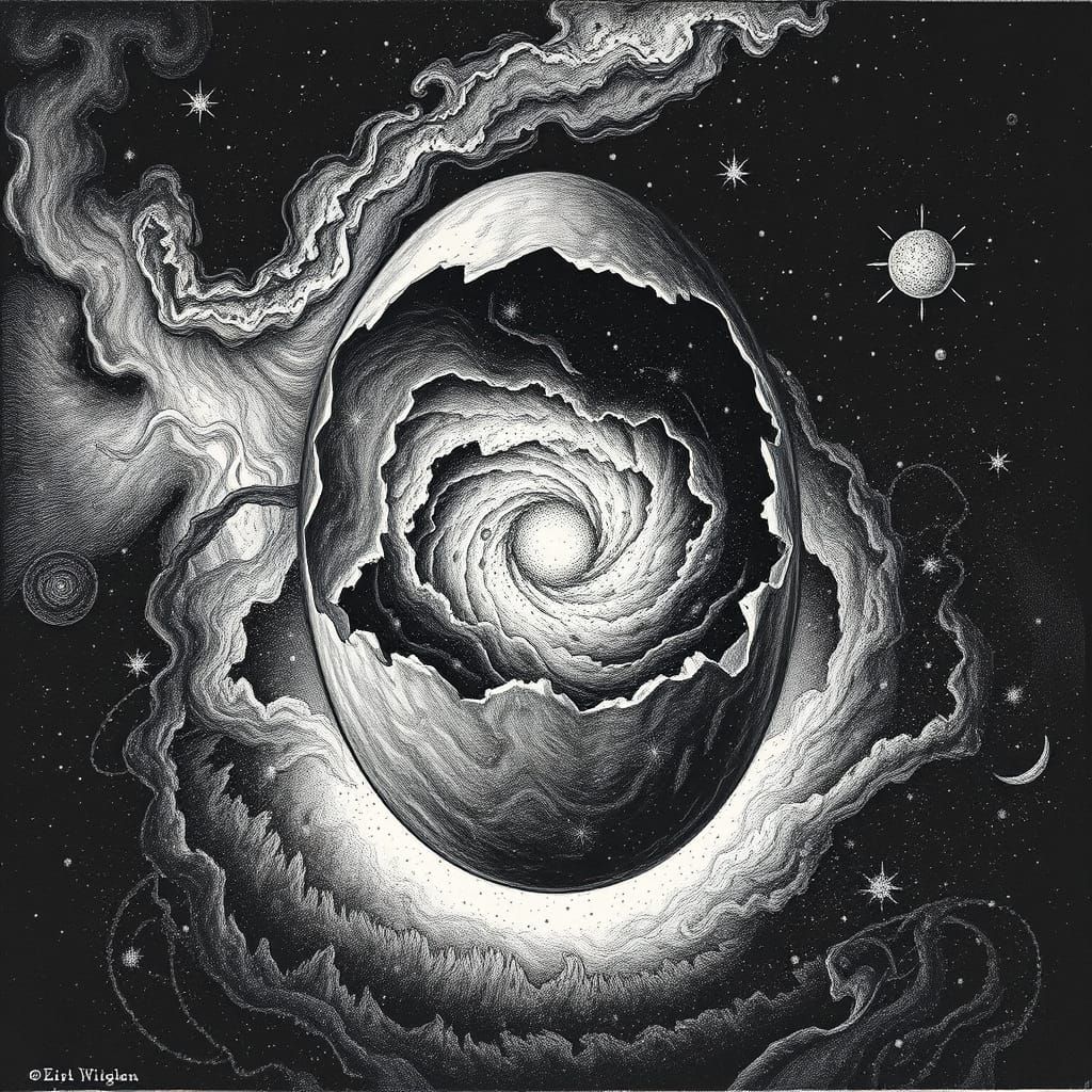 Galaxy Emerges from Cosmic Egg in Durer-Inspired Drypoint En...