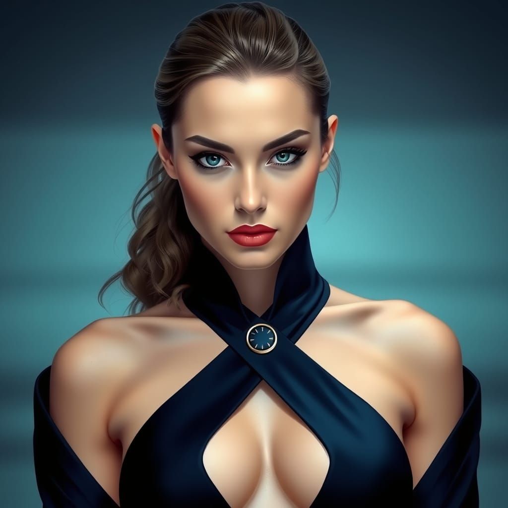 Confident Woman in Navy Blue: Futuristic Digital Art