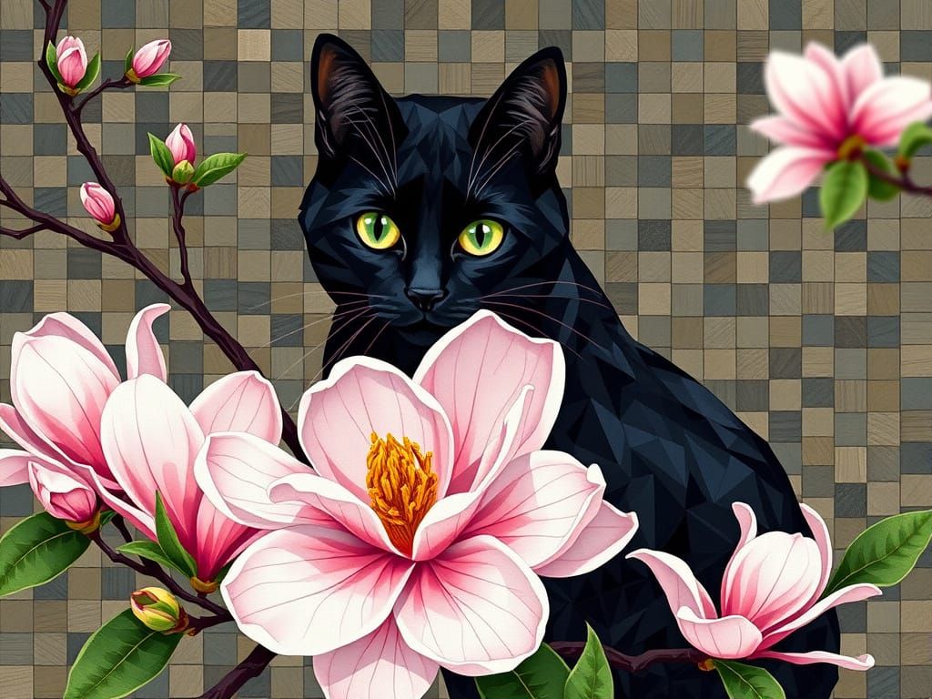 Geometric Abstractionist Mosaic of Black Cat in Pine Wood Sc...