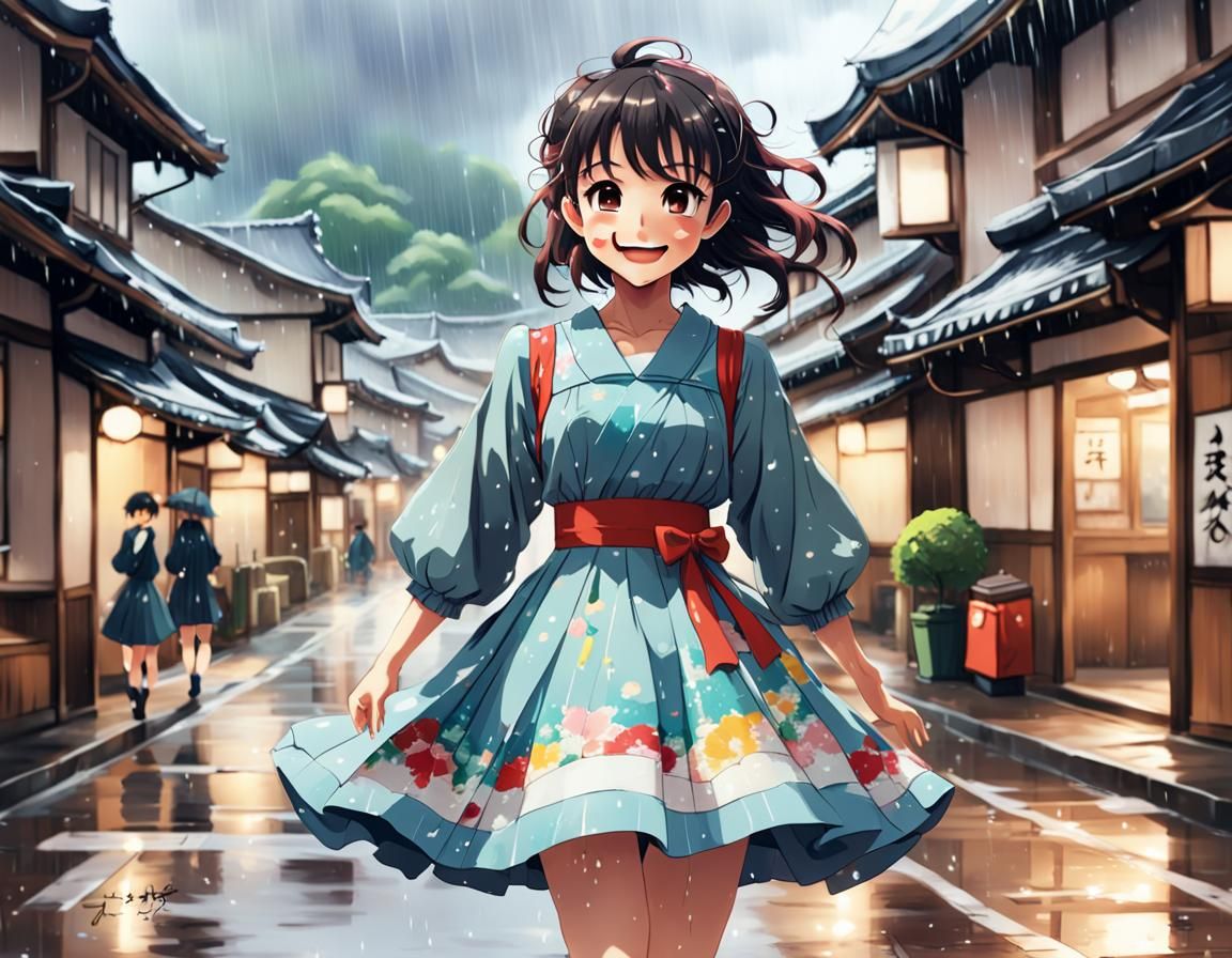 Joyful Girl in Rainy Japanese Town: 80s Anime Art