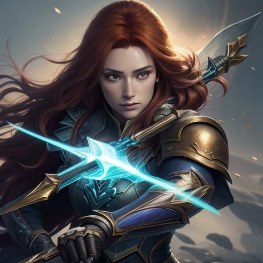 Auburn-Haired Woman on Night Wing with Excalibur