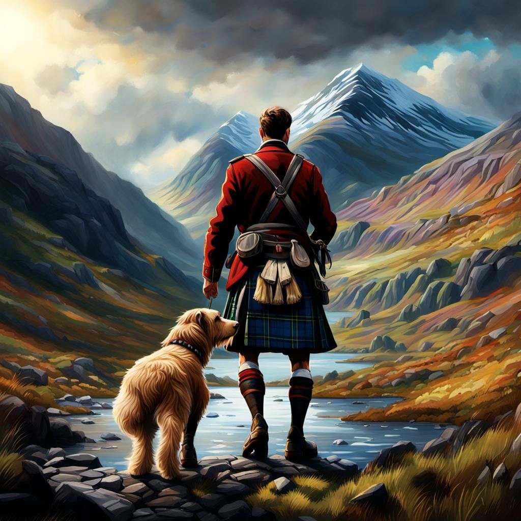 Scottish Highlander With Dog in Highland Landscape