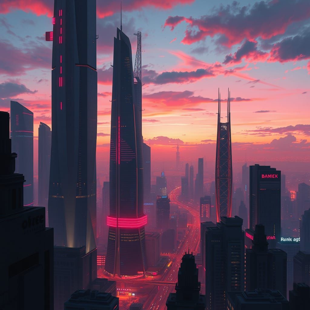 Futuristic Cityscape at Dusk in Digital Painting Style