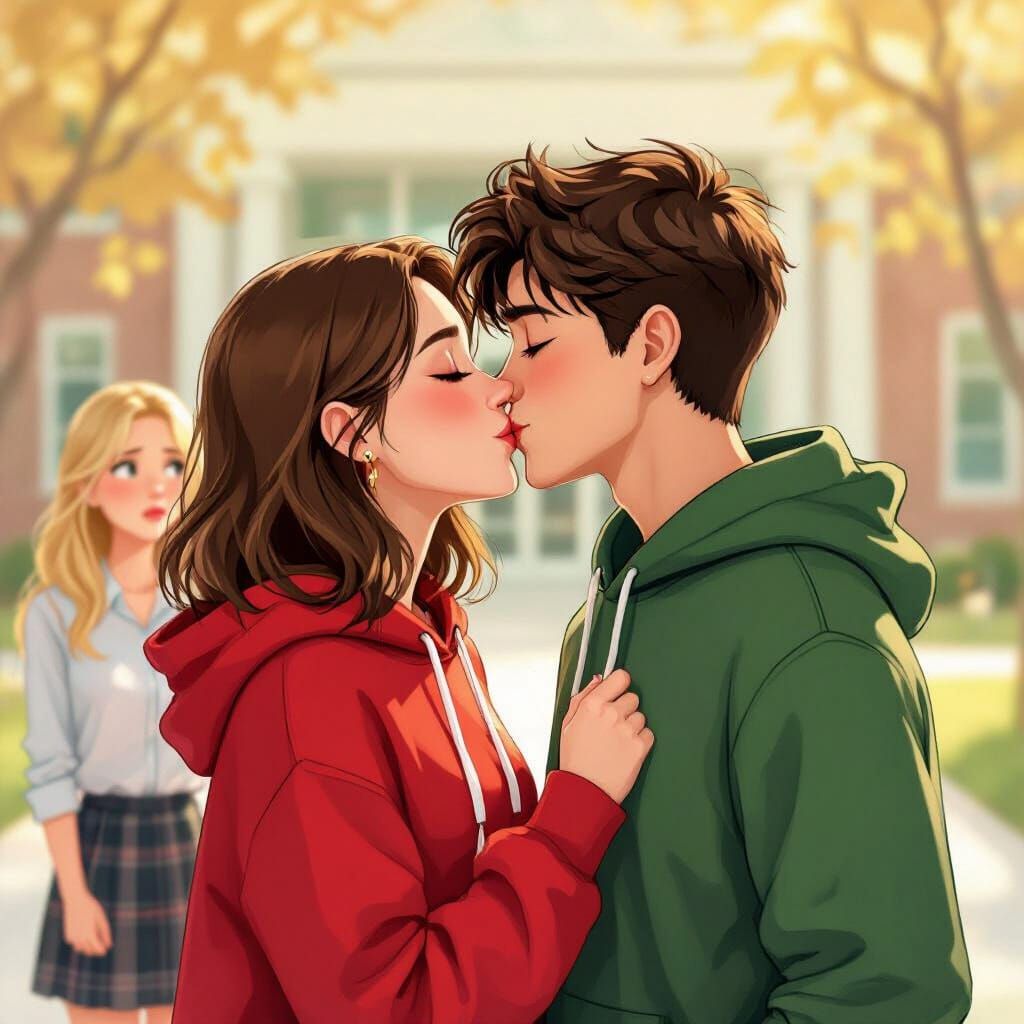Romantic School Kiss in Emotive Realism Style