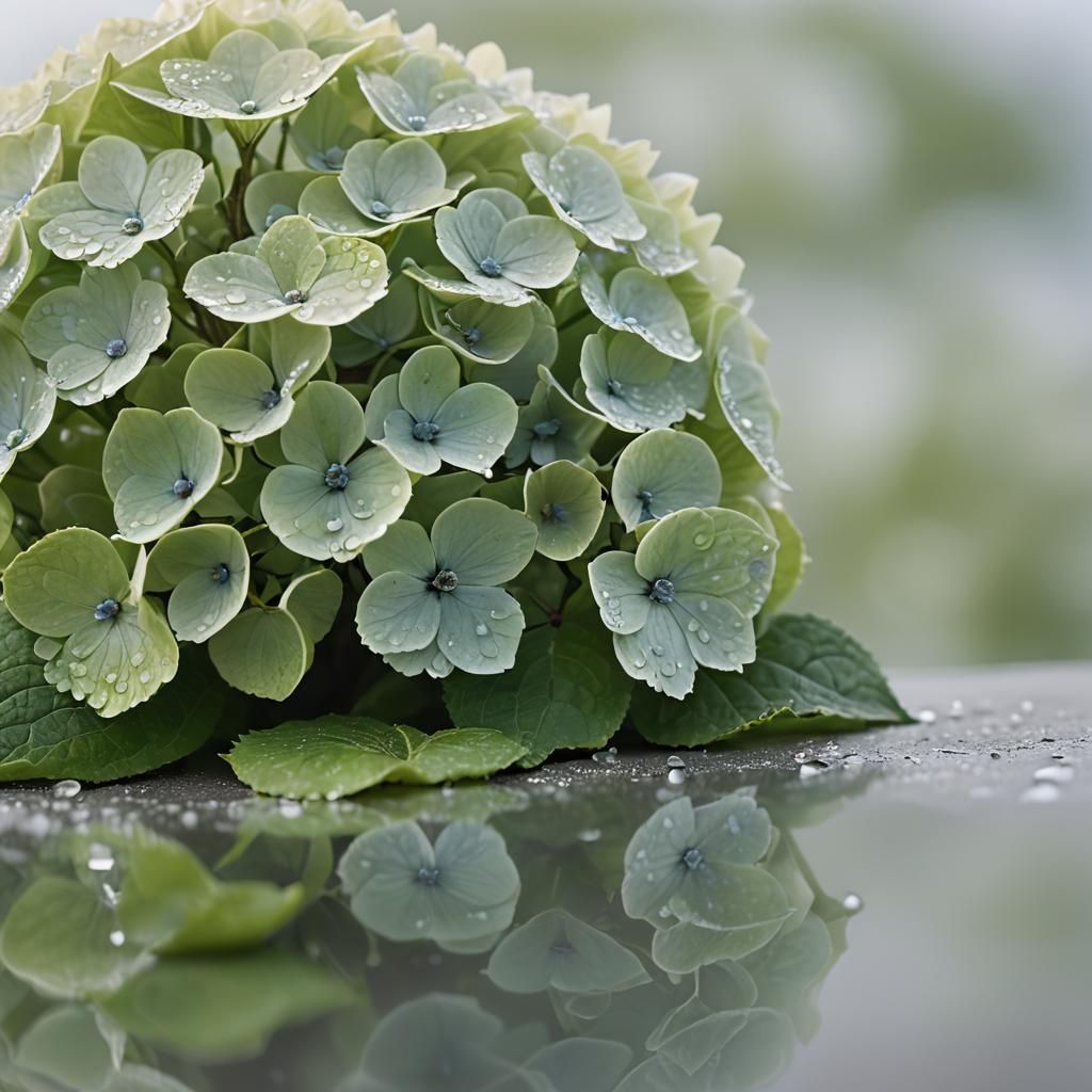 Hydrangeas and Apple on Misty Beach: Macro Still Life