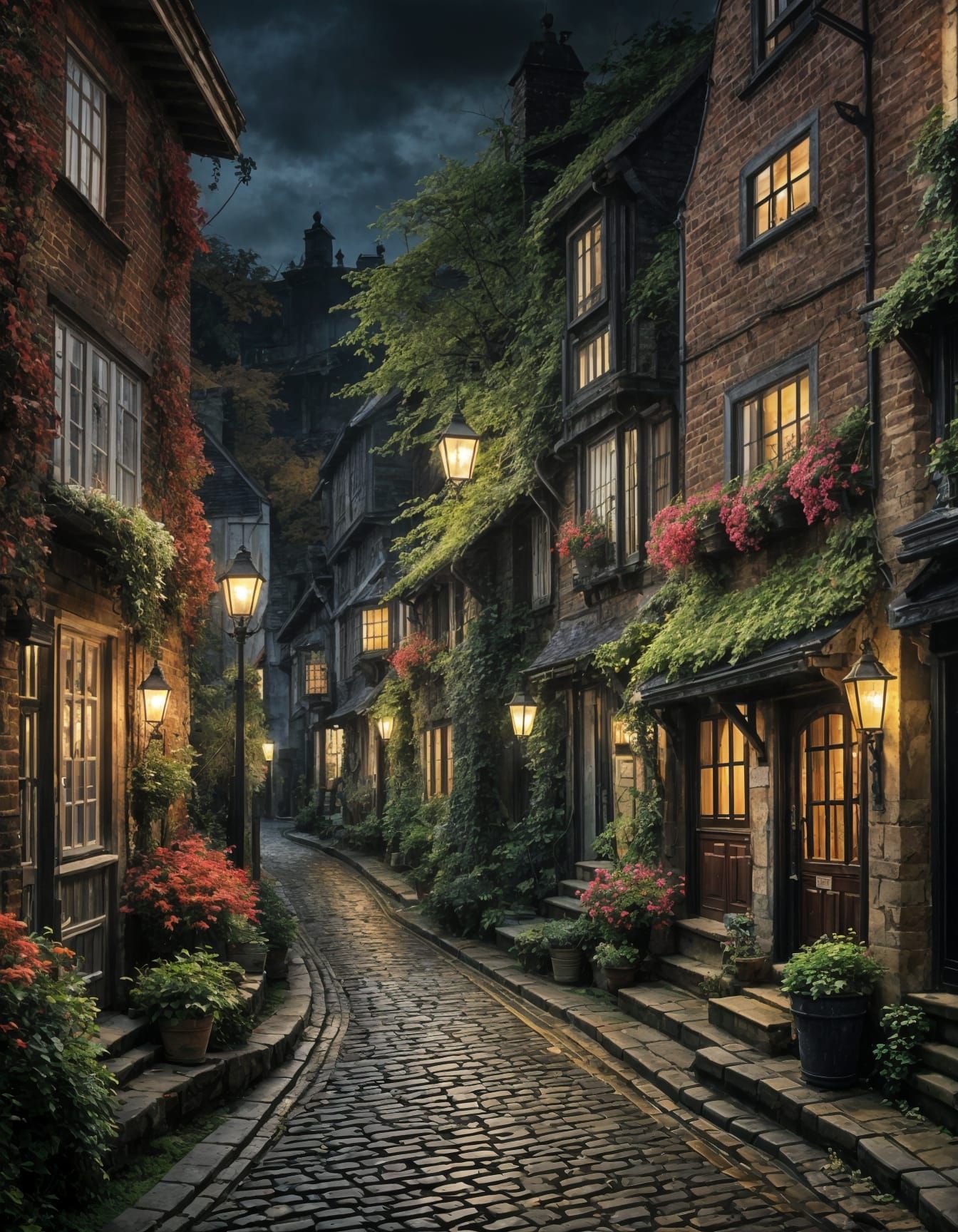 Mysterious English Town at Night in Wet Wash Painting