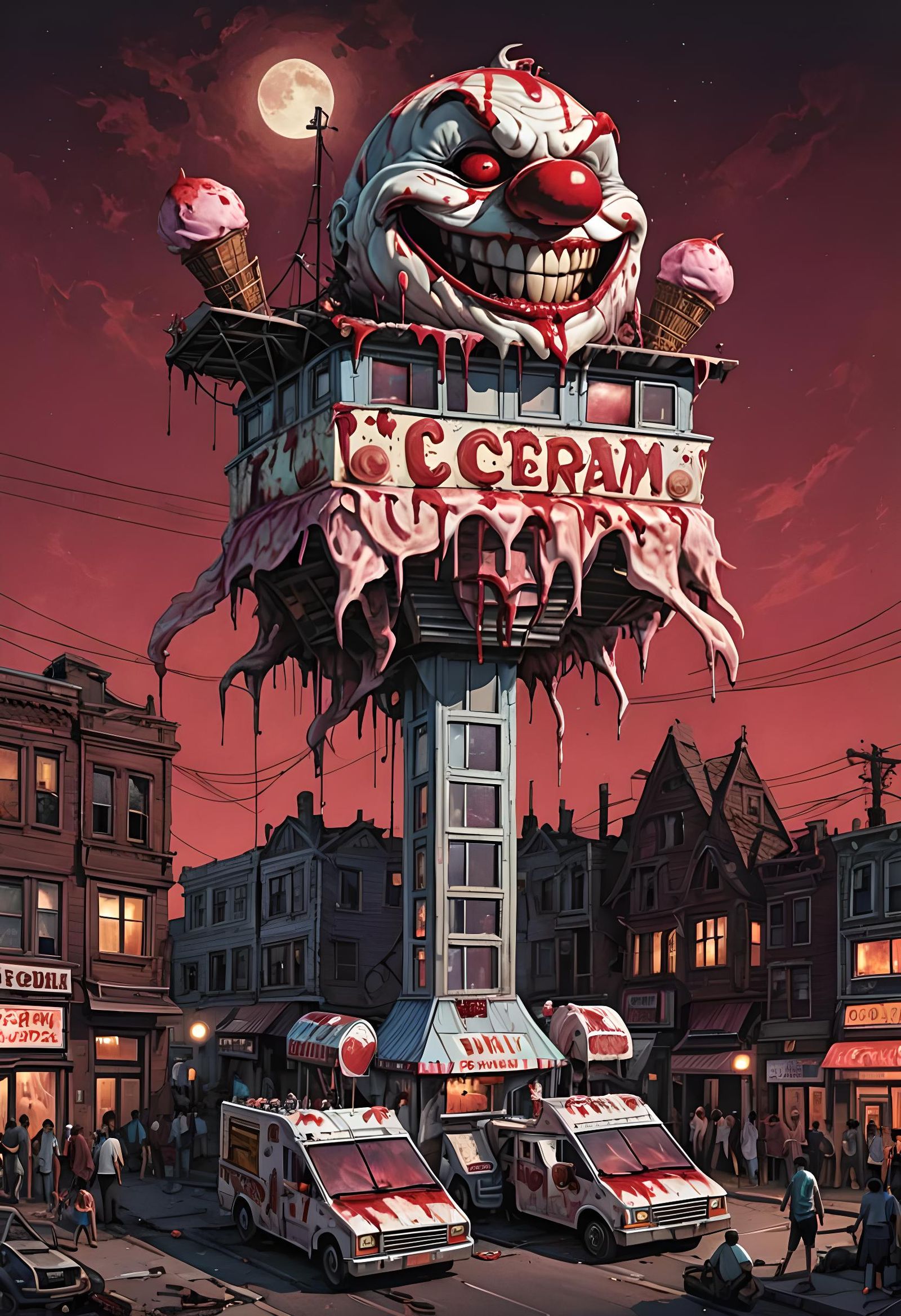 Surreal Clown Building on Ice Cream Trucks