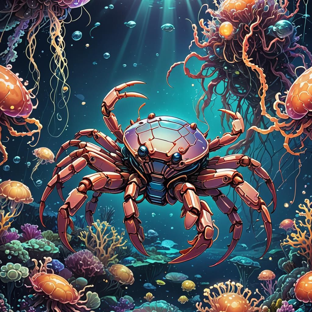 Manga-Style Robot Crab Under the Sea