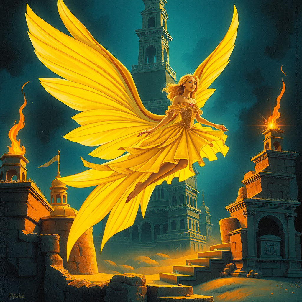 Fairy Flies Before Inca Pyramid with Skeletons