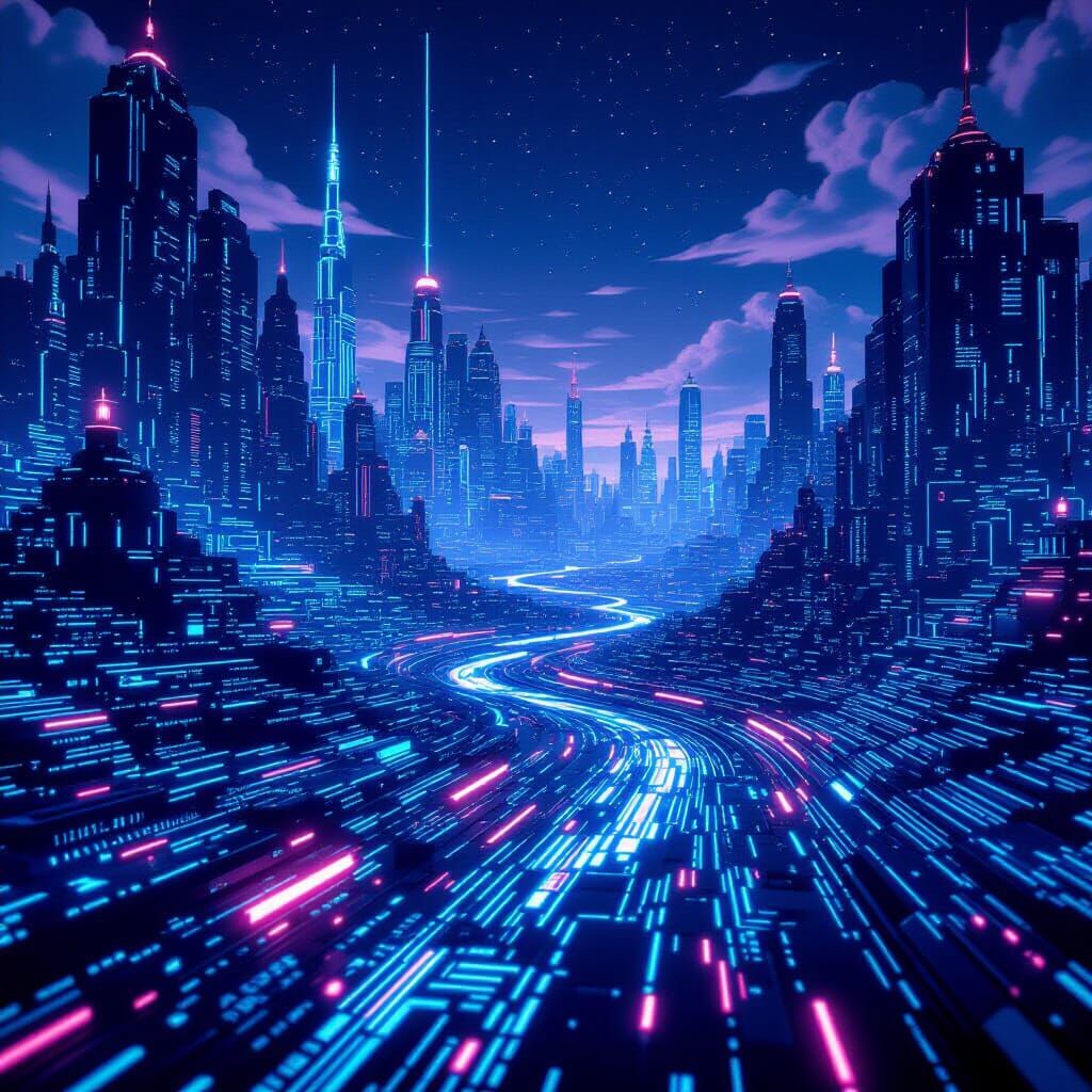 Surreal Digital Landscape of Glowing Code and Circuits