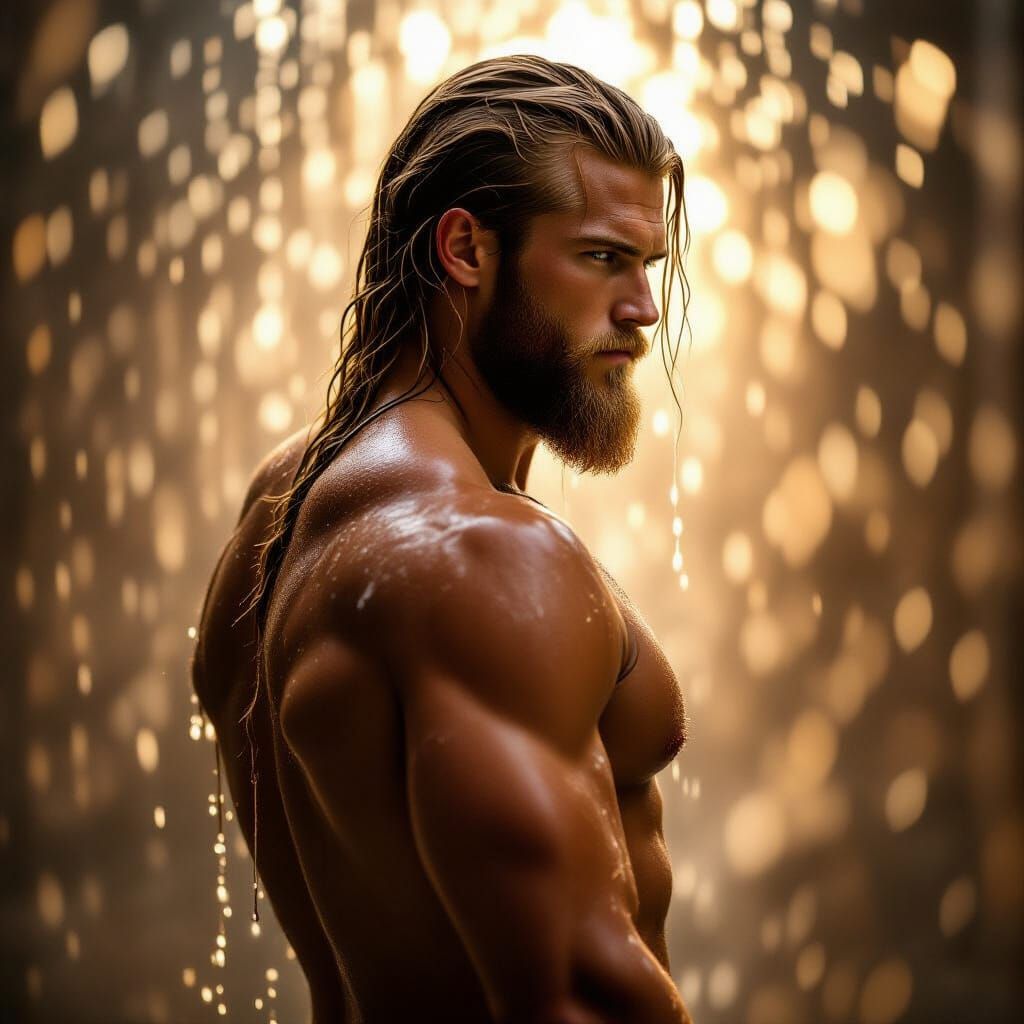 Modern Viking Man in Shower with Golden Lighting