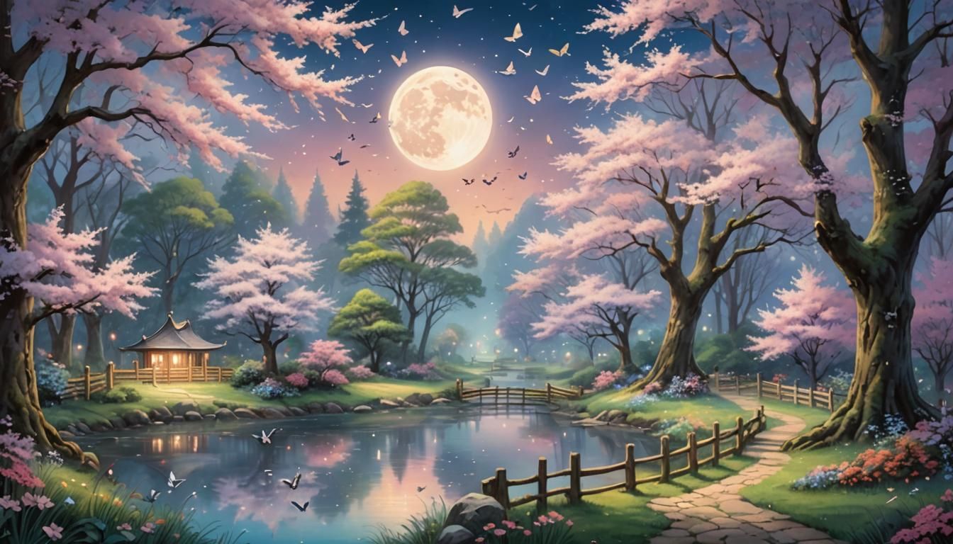Anime Butterfly Forest with Cherry Blossoms