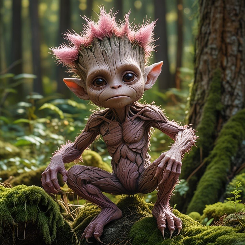 Woodland Gremlin Lost in Mossy Stump Reflection