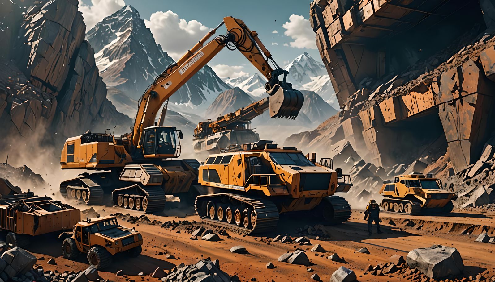 Futuristic Mountain Demolition Team in Digital Matte Paintin...