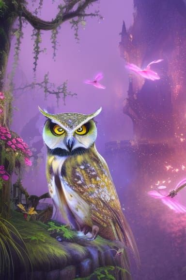 Glittery Floral Owl in Witchy Fantasy Art