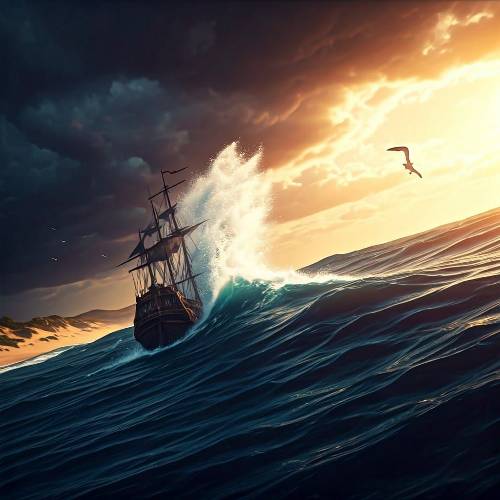 Majestic Ship Navigates Stormy Seas in Dramatic Lighting