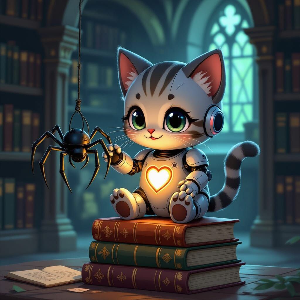 Robot Kitten Plays with Mechanical Spider in Gothic Library