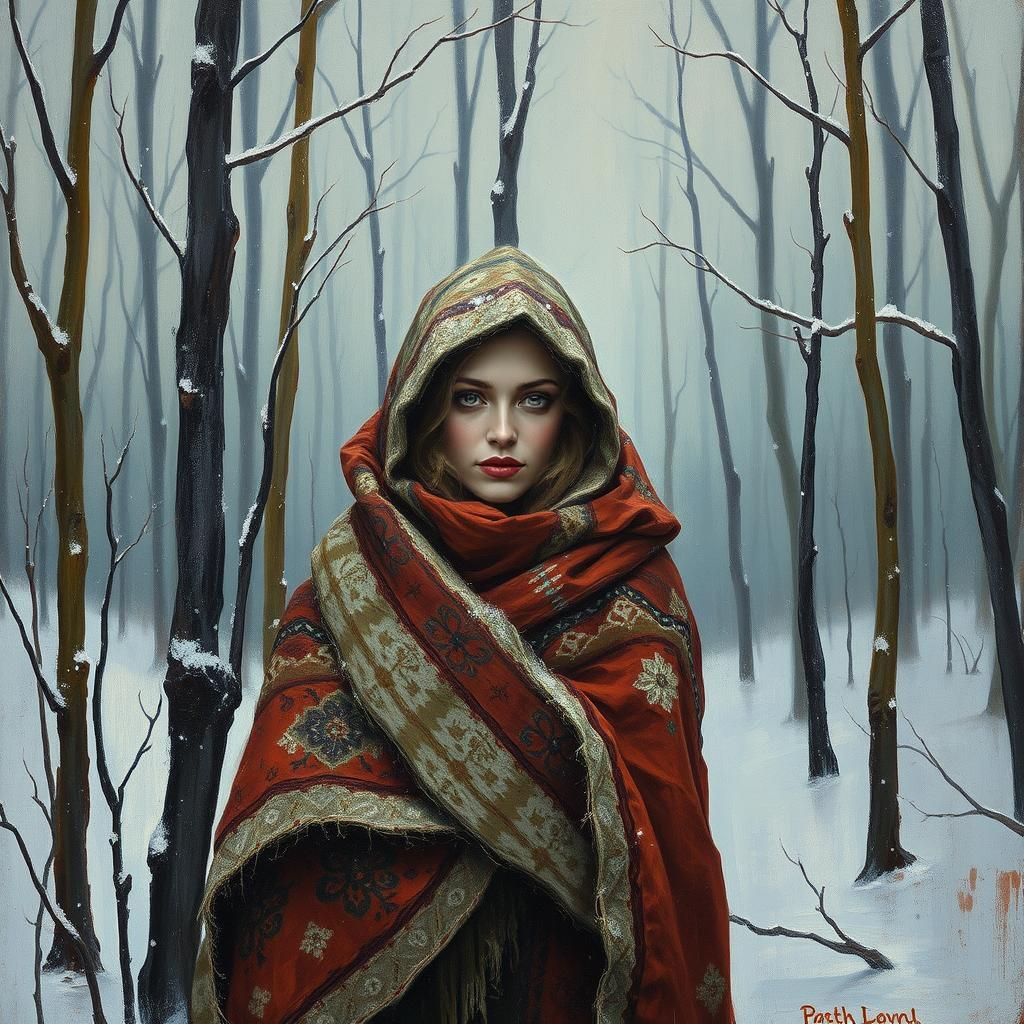 Mystical Winter Forest: Woman in Impasto Oil Painting