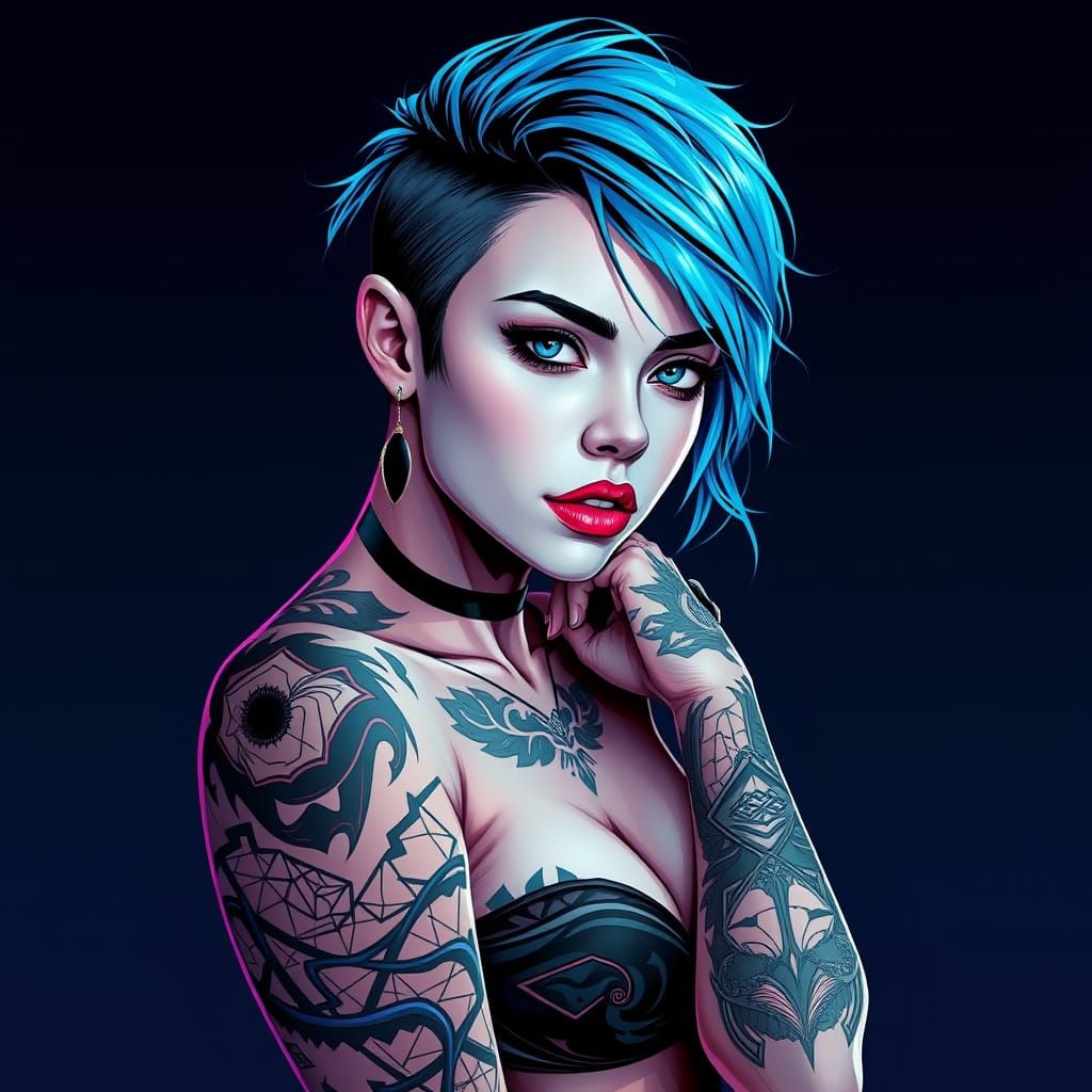 Ethereal Futuristic Woman with Electric Blue Hair and Geomet...