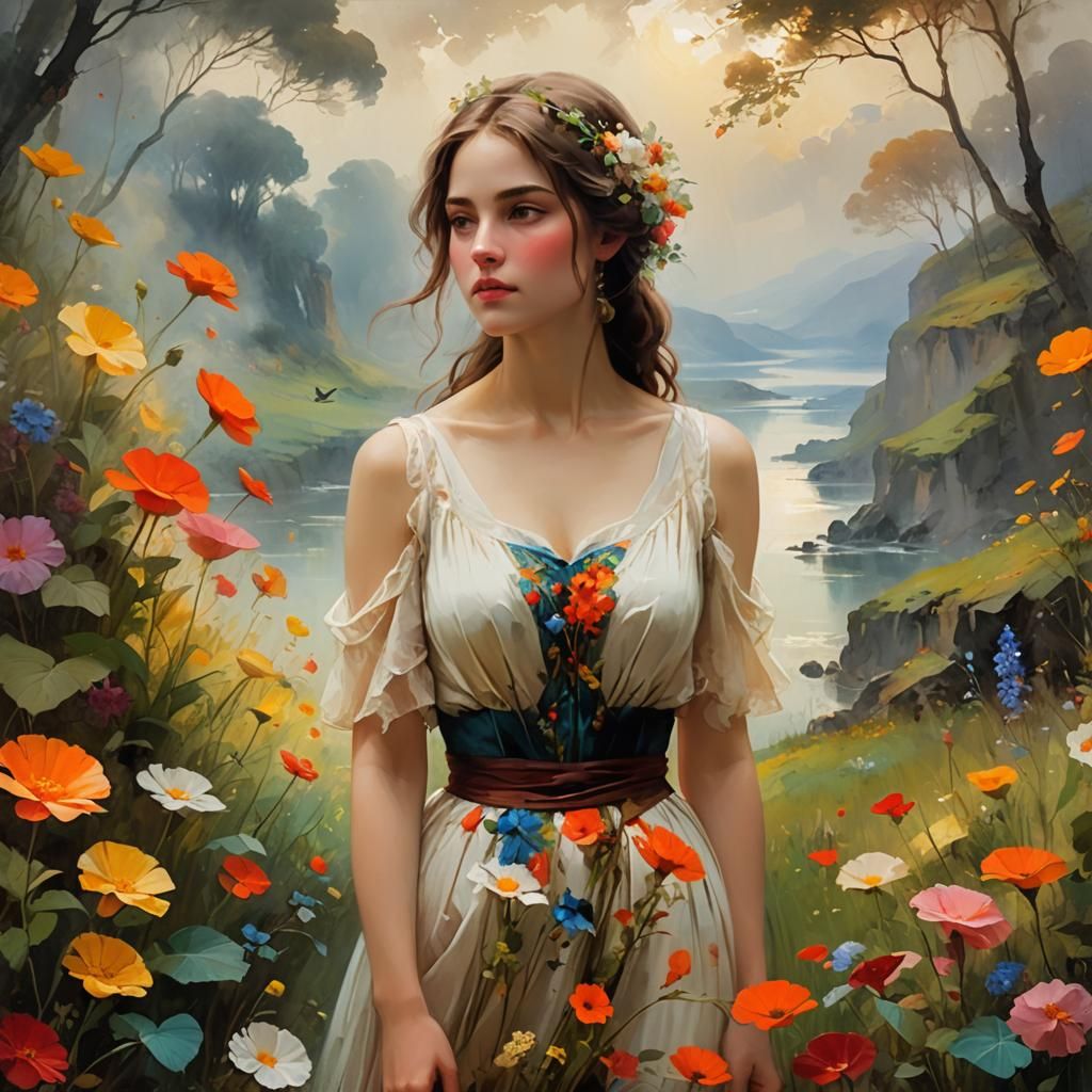 Woman walking in a flowery landscape